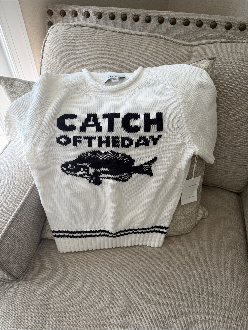 White Knit 'Catch of the Day' Sweater with Black Fish Graphic
